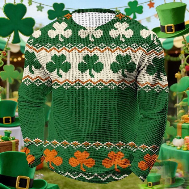 Ceisia Men's St. Patrick's Day Multi-Color Clover Print Waffle Knit Long Sleeve Crew Neck Casual Top Orange L Gifts