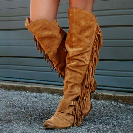 

TALKVE Boots For Women Casual Retro Fringe Over The Knee Long Boots Square Heels Shoes