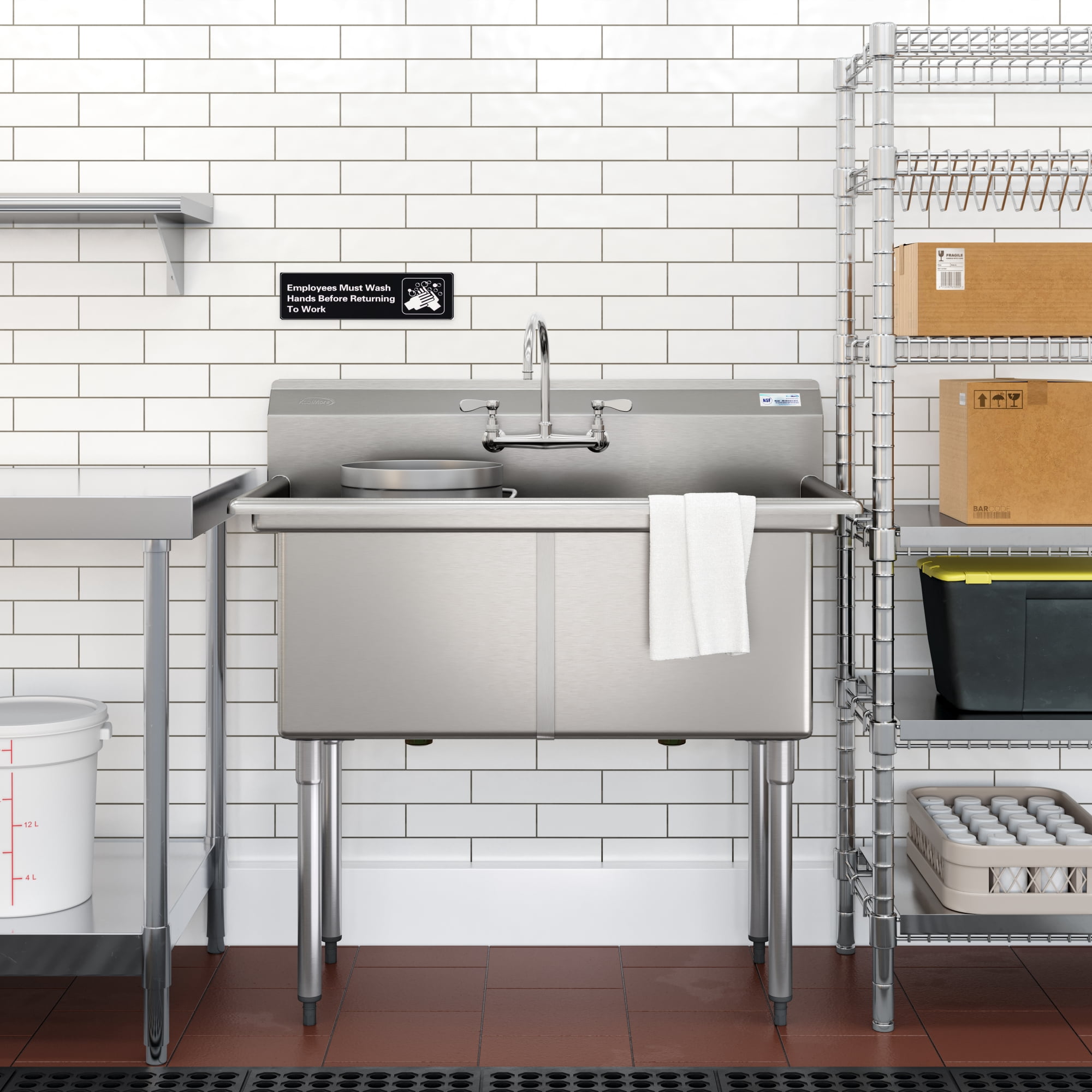 42 in. 18-Gauge 2-Compartment Commercial Sink with Backsplash, Bowl Dimensions 18"x18"x14" in Stainless-Steel (KM-SB181814-N3)