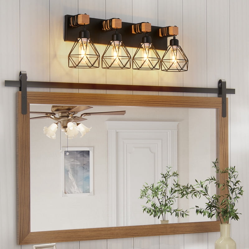 24" Modern Geometric 4-Light Vanity Light Fixture with Black Metal and Wood Accents, Cage Lampshade for Bathroom, Bedroom, Living Room (Bulbs Not Included)