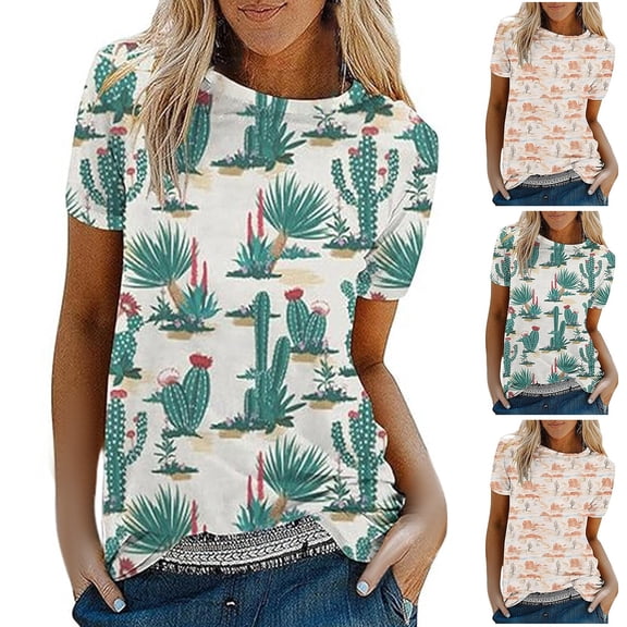 Trendfront Womens Cactus Graphic Print Tee Summer Short Sleeve T Shirts Fashion Crewneck Casual Loose Fit Stylish Pullover Clothing
