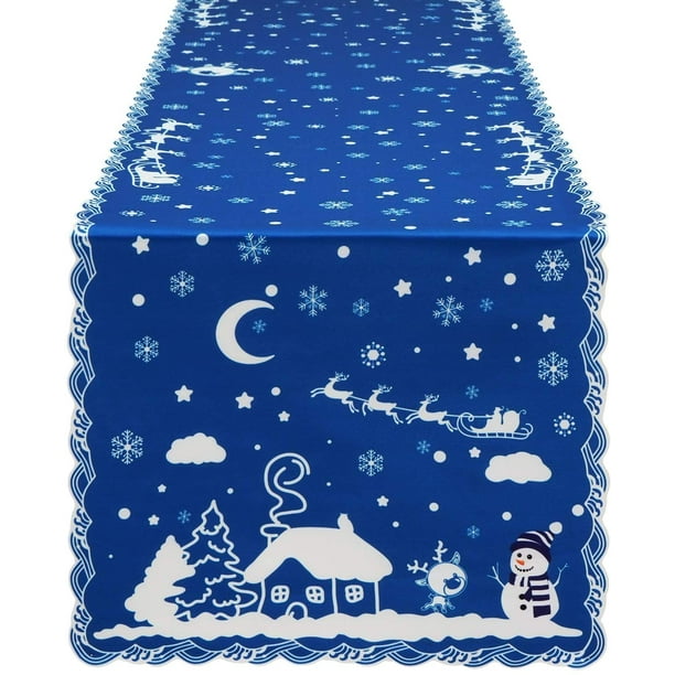 Ikfashoni Christmas Table Runner, Blue Snowflake Snowman Reindeer Table