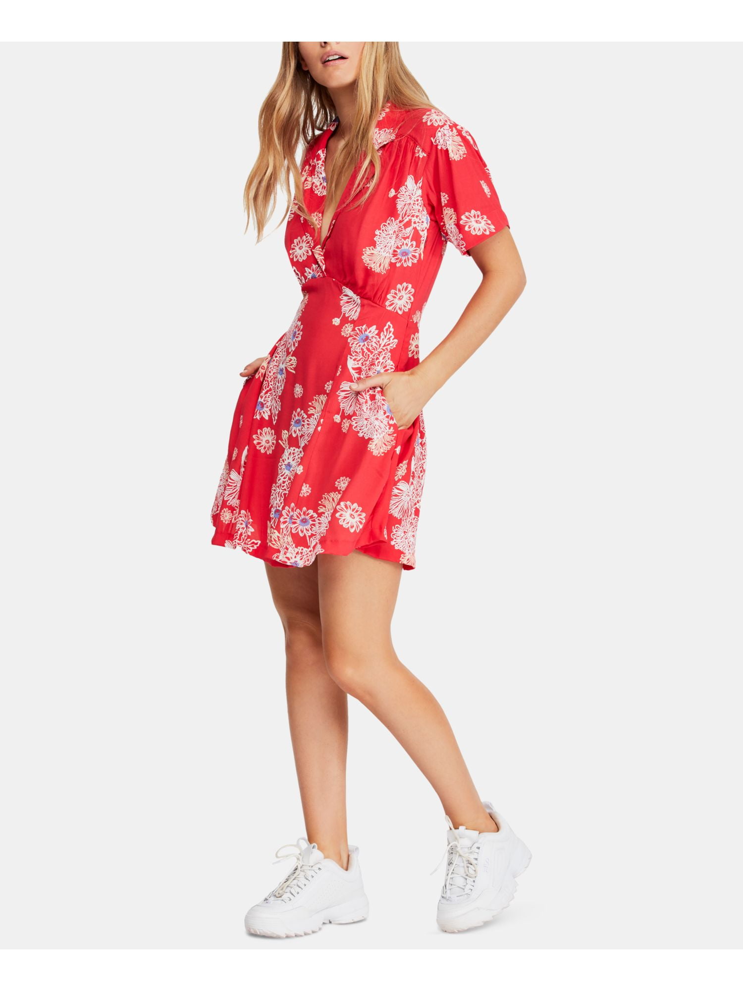 Womens Red Floral Short Sleeve ...