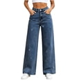 thumbnail image 6 of Women's High Waist Sparkly Rhinestone Wide Leg Jeans Loose Straight Denim Pants with Pockets Vintage Y2K Streetwear Fashion Bottoms Dark Blue, 6 of 9