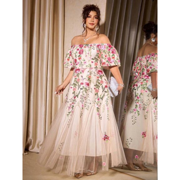 Plus Size Womens Multicolor Embroidered Off-Shoulder Short Sleeve Cinched Waist Maxi Flare Dress For Parties
