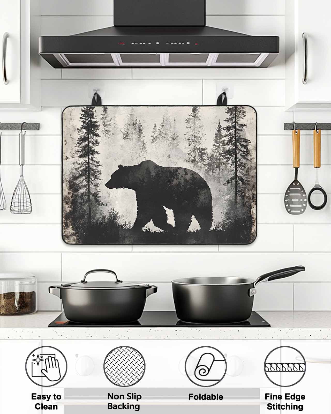 Stove Top Covers for Electric Stove, Brown Bear Glass Stovetop Cover Protector, Retro Forest Nature Tree Silhouette Mountain Induction Cooktop Protector Oven Mat for Kitchen Countertop 24"x21"