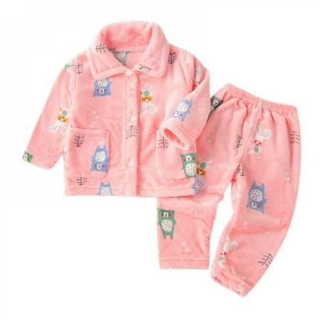 

Promotion!Kids Girls Autumn Winter Cartoon Print Flannel Pajama Sets Cute Rabit Long Sleeve Lapel Tops with Pants warm Sleeping Clothing