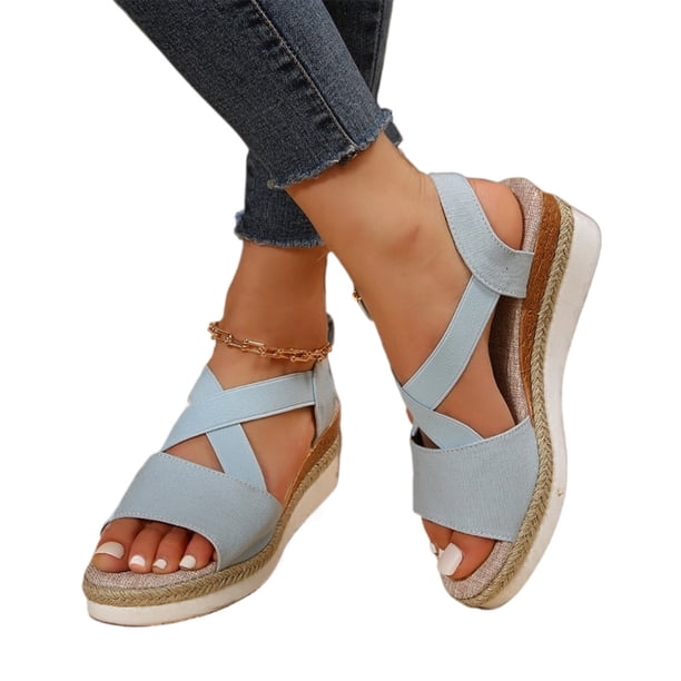 Sandalias Mujer Casuales Con Boca Pez Y Tacón Cuña Plano (azul 39)