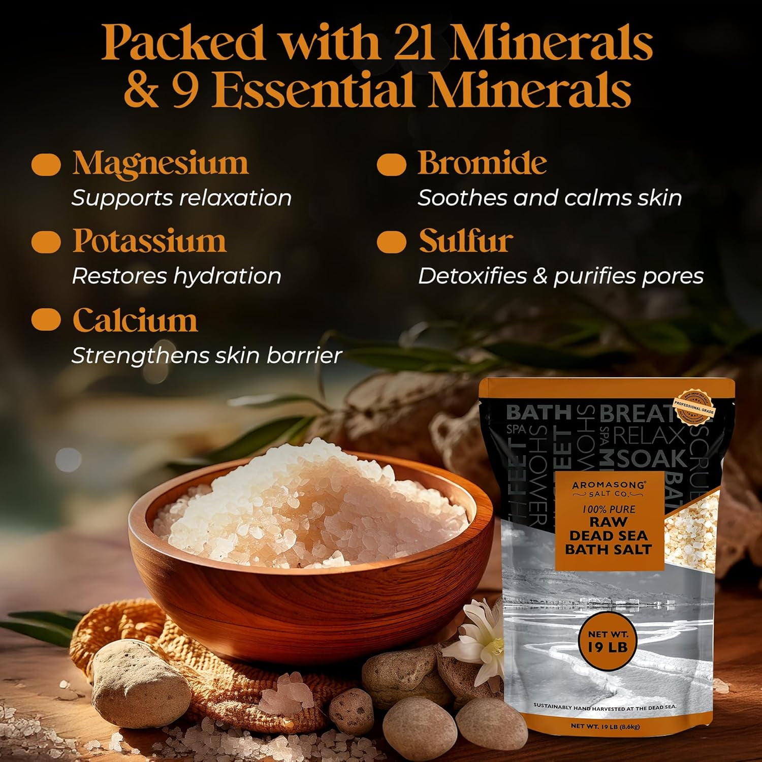 Aromasong Raw Dead Sea Bath Salt 19 LB – Minimally Cleaned, Mineral-Rich with Dead Sea Mud, 100% Pure Natural Soaking Salts