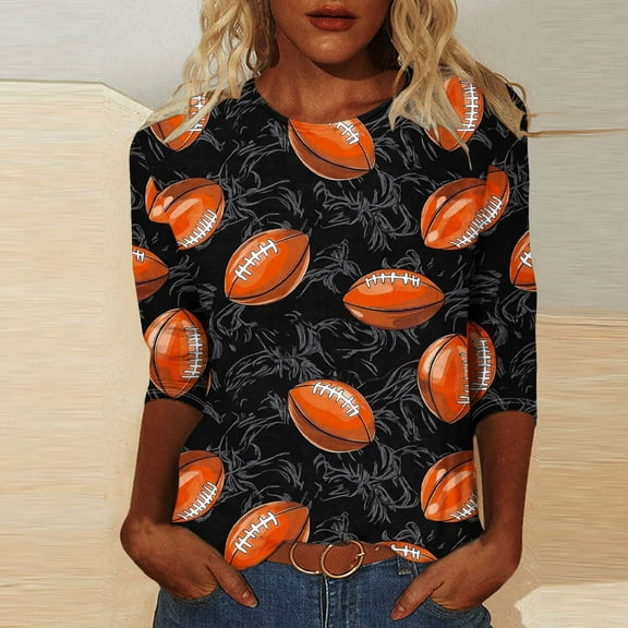Gamivast Game Day Tops for Women Football Plus Size 3/4 Sleeve Crew Neck Sweatshirts Casual Loose Drop Shoulder Tunic Tee Shirts Funny Superbowl Outfits