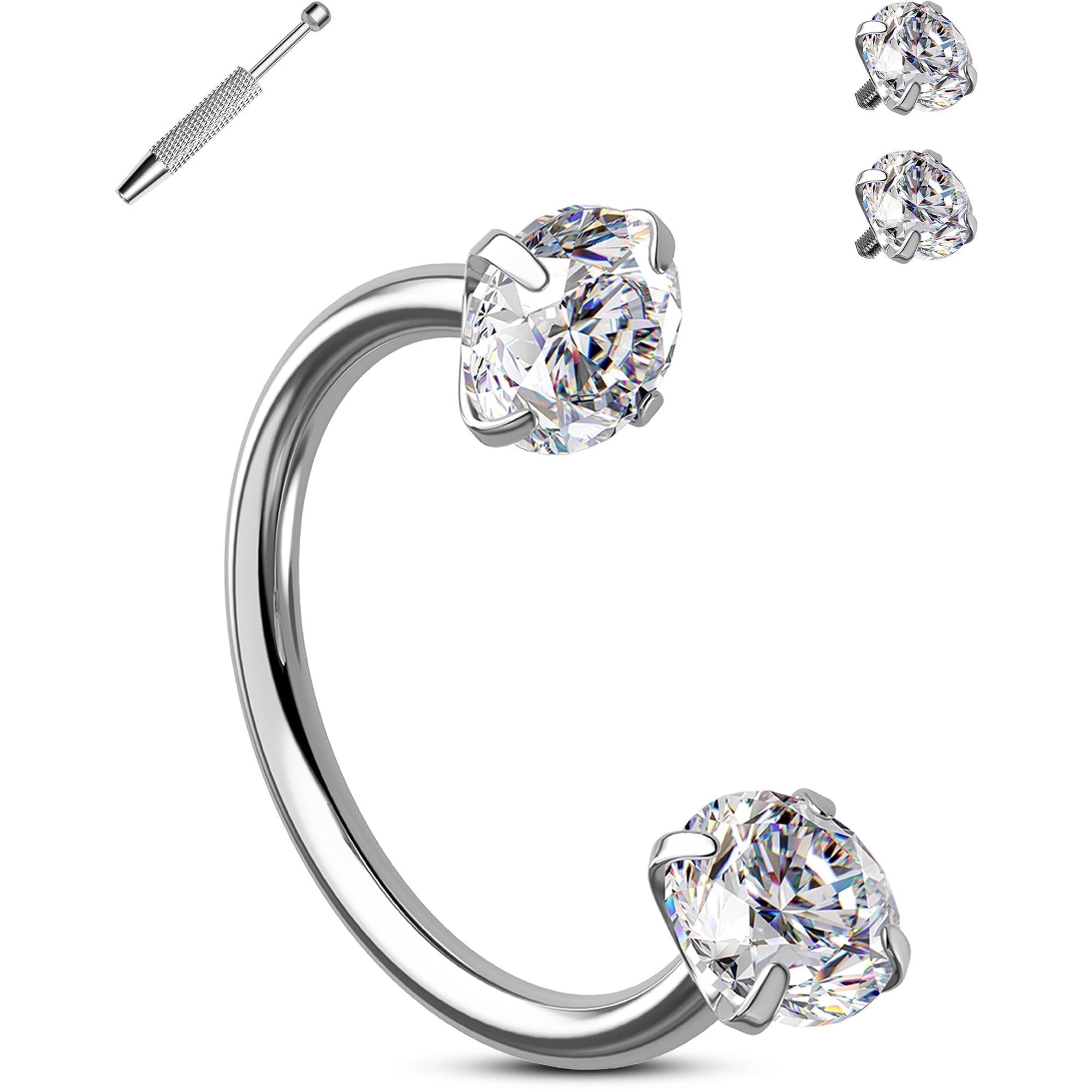 OUFER Double Cubic Zirconia Horseshoe Nose Rings 20G Nose Studs Internally Threaded Septum Rings 316L Stainless Steel Lip Eyebrow Helix Nostrial Piercing Jewelry with Piercing Ball Grabber