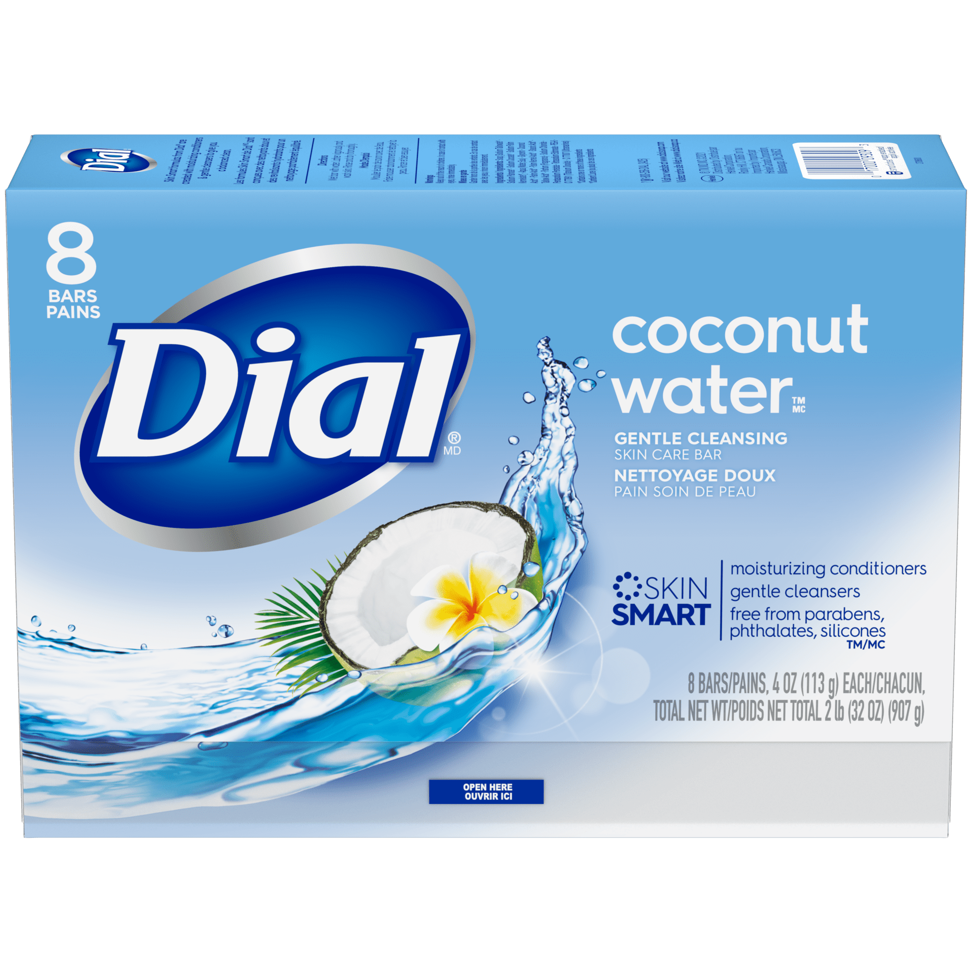 Dial Skin Care Bar Soap, Coconut Water, 4 oz, 8 Bars