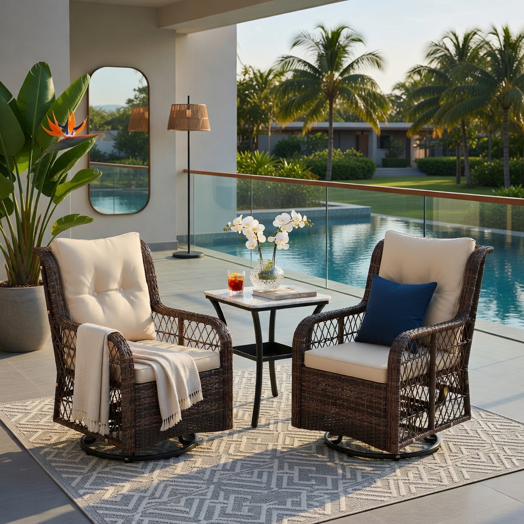 Hommoo 3-Piece PE Wicker Patio Furniture Set, Swivel Glider Chairs with 2-Tier Tempered Glass Side Table & All-Weather Cushions, Rattan Outdoor Seating for Porch, Backyard, Garden, Brown