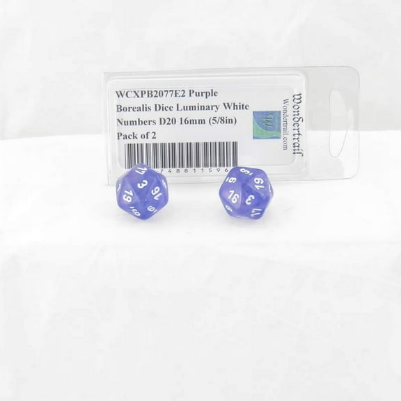 Purple Borealis Dice Luminary with White Numbers D20 Aprox 16mm (5/8in) Pack of 2 Wondertrail