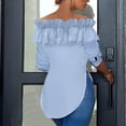 thumbnail image 7 of Scyoekwg Women Blouses Crew Neck Ruffle Off Shoulder Tops Trendy Loose Lightweight Fall Tops Solid Color Dressy Casual Blouses Long Sleeve T Shirts Women Blouses (Blue,L), 7 of 7