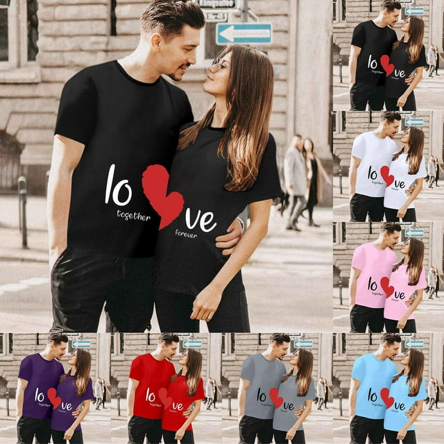 Chemises Assorties pour Couples T-shirts Imprimé Cœur de la Saint-Valentin Style Décontracté Col Rond Manches Courtes Tunique Classique T-Shirt Ample Confortable Doux Respirant Blouse pour Lui et Elle Tee Noir TG