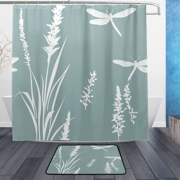 Dragonflies and Grass Bathroom Accessory Sets Waterproof Shower Curtain with Anti-Slip Bath Mat Durable Combo