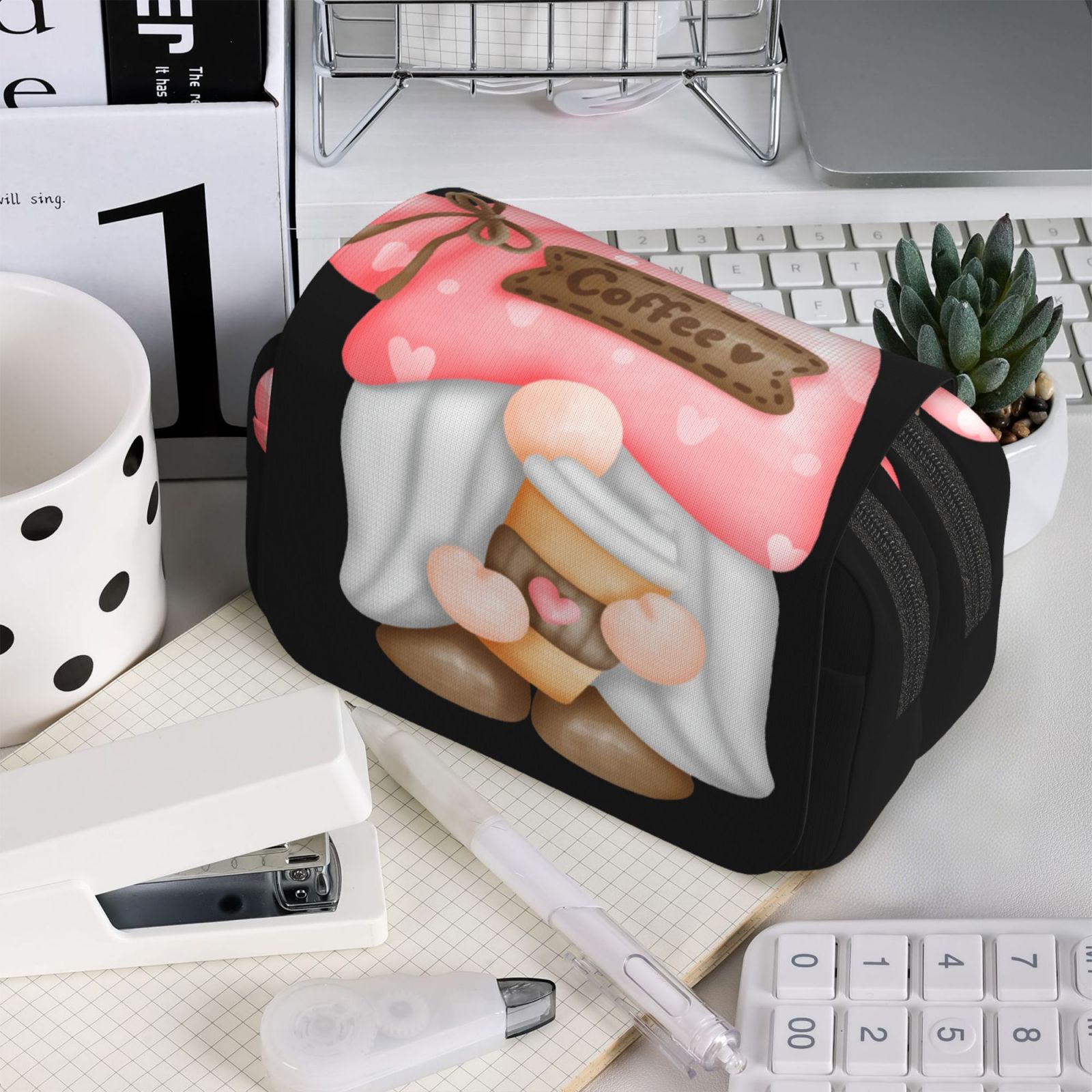 Rateoe Coffee Gnome (1) Pattern Double Clamshell Pen Case, Storage Organizer with Two Zipper Compartments– Holds Up to 50 Pencils & Pens