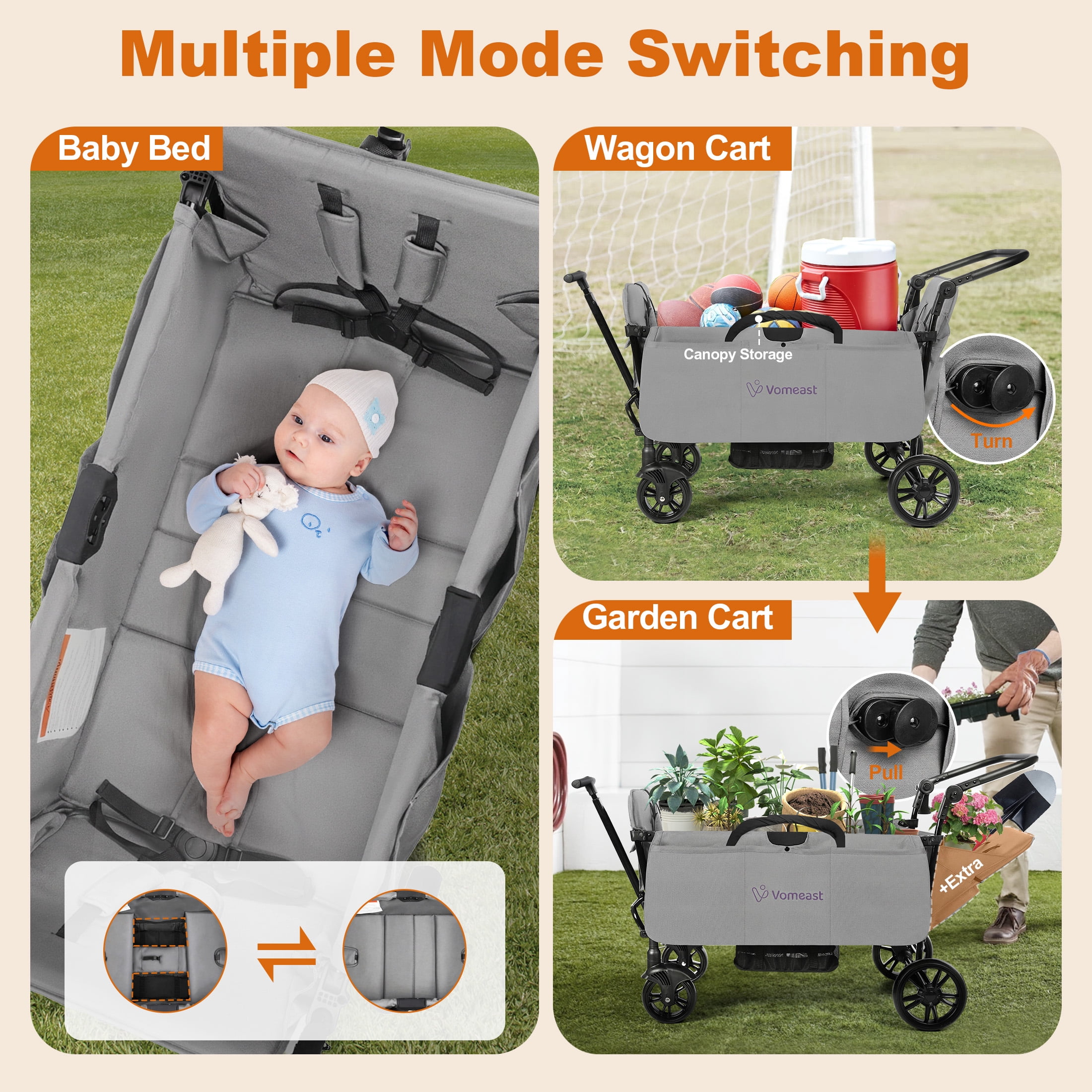 Vomeast Wagon Stroller for Kids,Spacious 2-Seater Stroller Wagon with Adjustable Canopy,Pull & Push Handle,5-Point Harness,Foldable for Toddlers, Grey