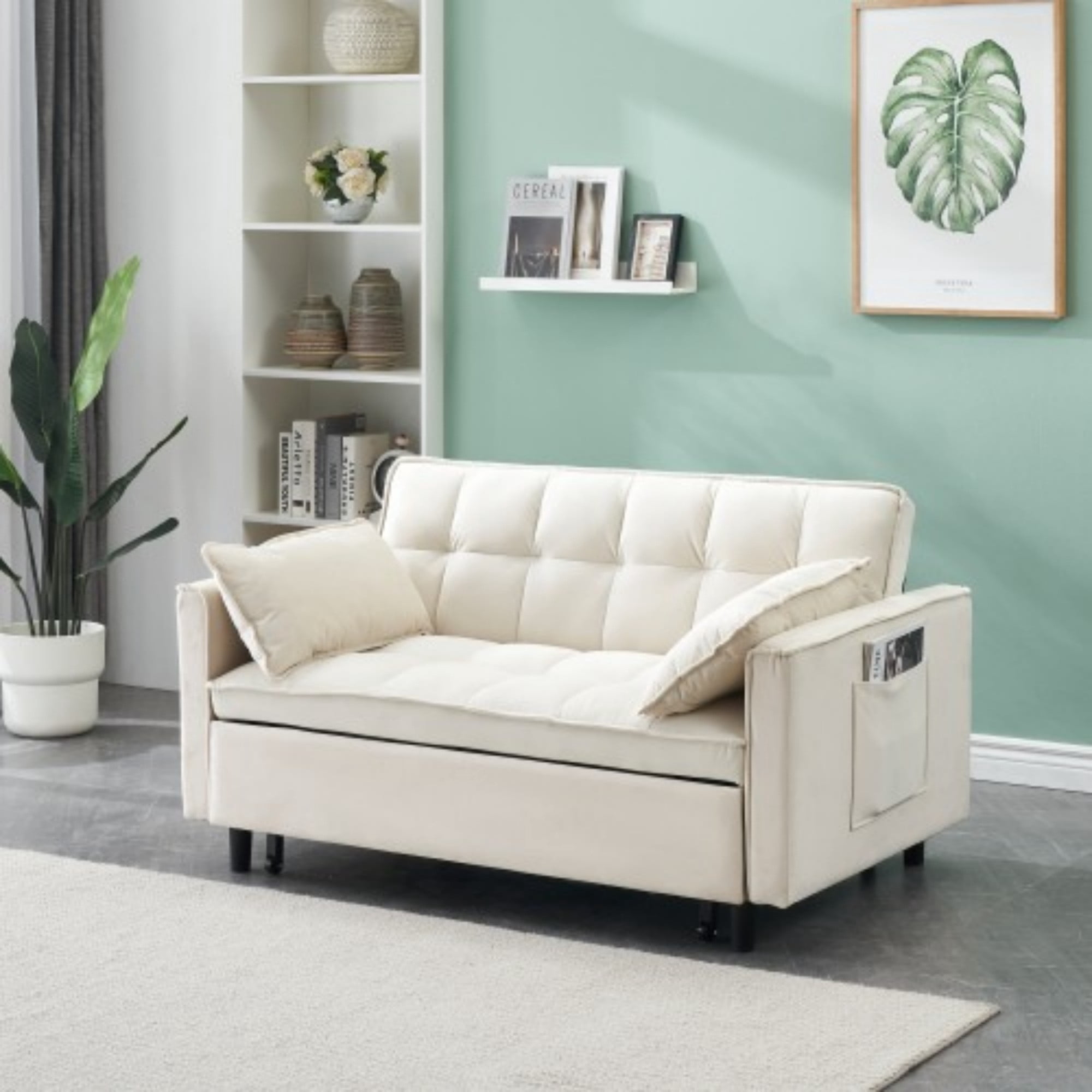 Velvet Loveseat Sofa Bed, 3-in-1 Convertible Sleeper Couch with Pullout Bed & Reclining Backrest, Beige