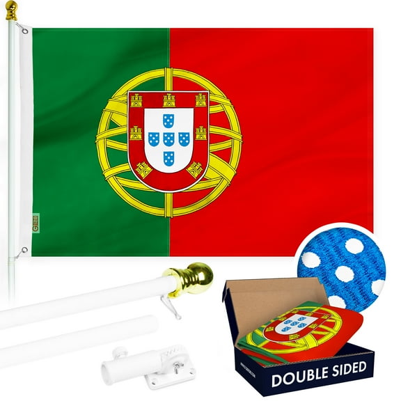 G128 Combo Pack: Flag Pole 6Ft White Tangle Free & Portugal Portuguese Flag 3x5FT Double Sided Embroidered