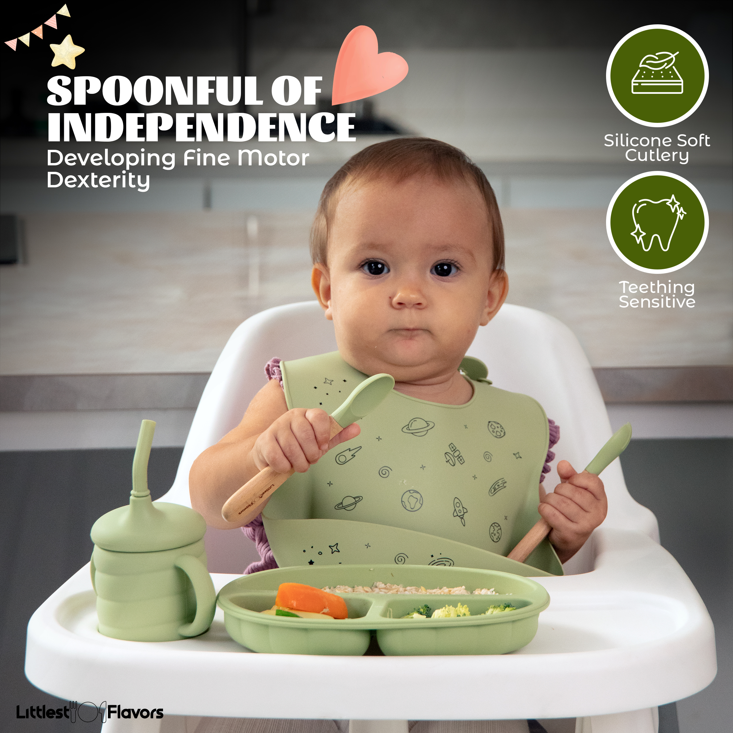 Littlest Flavors Silicone Baby Feeding Set, BPA Free, Non-Toxic, Durable, Easy to Clean, Ideal for Baby Led Weaning