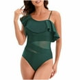 thumbnail image 3 of lcziwo Todays Daily Sales Mesh Hollow Out Swimwear for Women 2025 Summer Fashion Ruffled Hem One Piece Swimsuits One Shoulder Bathing Suits Vacation Outfits Green XL, 3 of 8