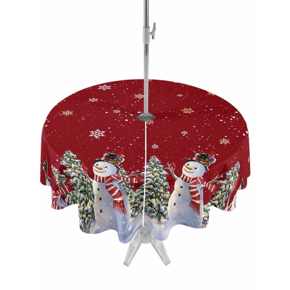 Outdoor Tablecloth with Umbrella Hole and Zipper, Red Christmas Snowman Round Table Cloth 54 Inch Waterproof Tablecloth, Winter Xmas Tree Snowflakes Winter Picnic Table Cover for Patio Camping