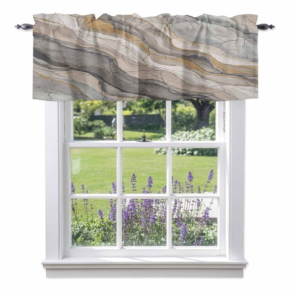 Gray Gold Marble Texture Valances for Windows,Kitchen Valance Rod Pocket Short Curtain, Abstract Gold Line Valance Curtain Window Valances for Bedroom Bathroom Living Room 42x12in