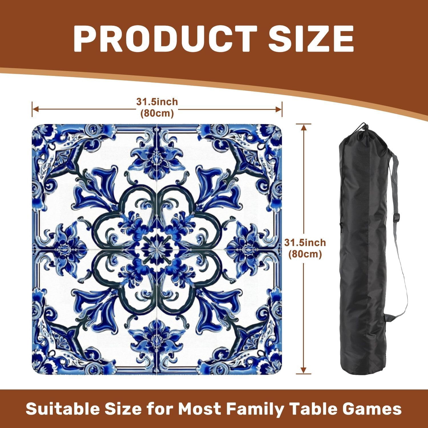 Mahjong Mat 31.5" x 31.5" Blue Floral Tile Decorative Swirls Intricate Detailing Non-Slip Noise Reduction Mahjong Tiles Table Cover for Dominoes Poker Card Board and Tile Games Gift