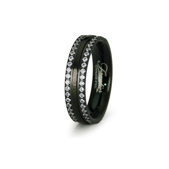 Tioneer Black Tioneer Stainless Steel Dual Eternity Cubic Zirconia Wedding Band Ring