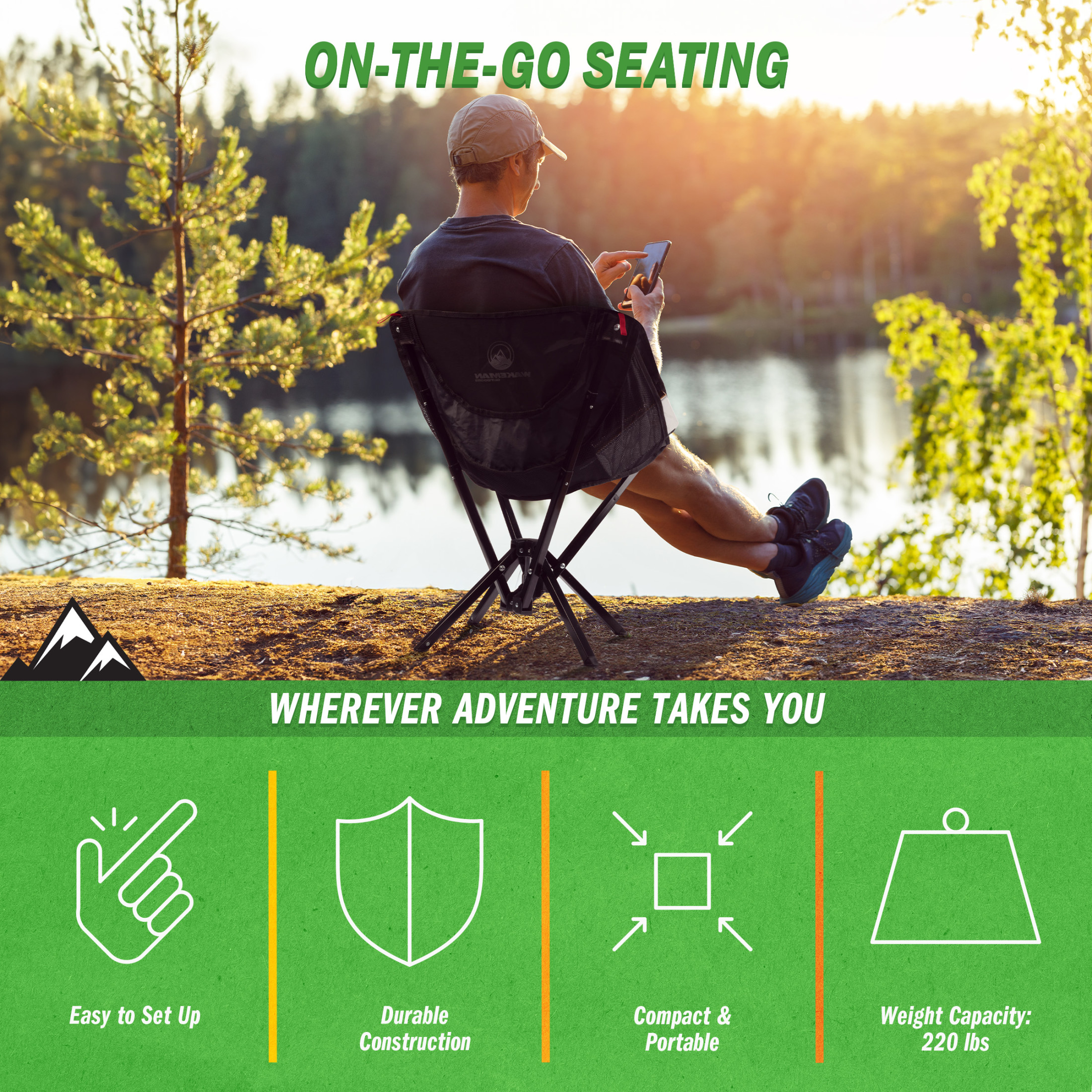 Wakeman Outdoors Camping Chair - Lightweight Backpacking Chair, Black
