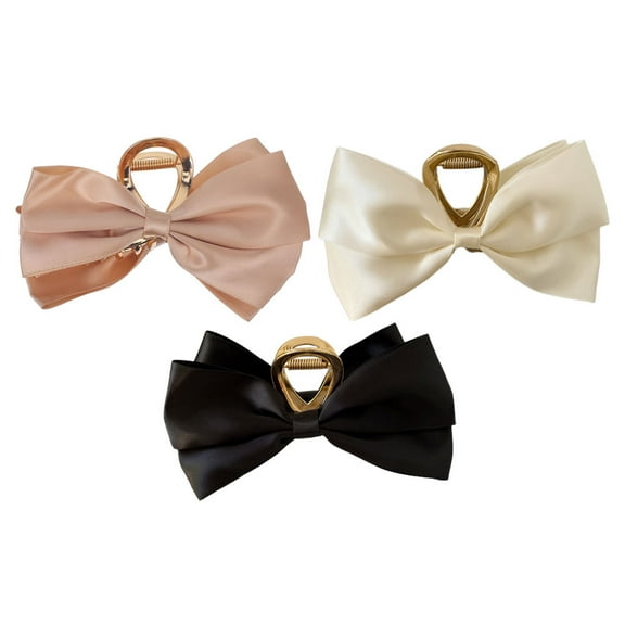 HOOWIFFY 3Pcs Bow Claw Clips for Hair Stylish Satin Iron Hair Clamps Assorted Colors Durable