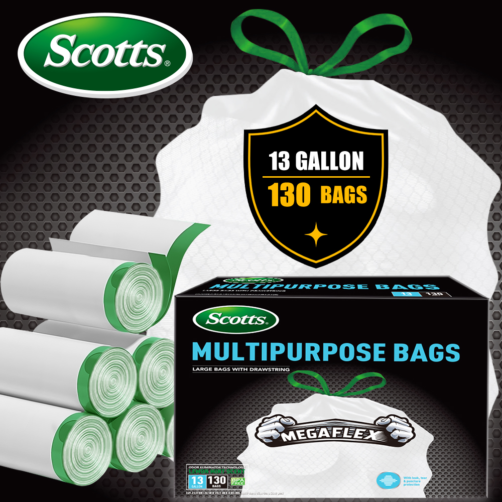 Scotts 13 Gallon Kitchen Trash Bags, Drawstring, White Tall Garbage Bags, Lemon Scented, 130 Count