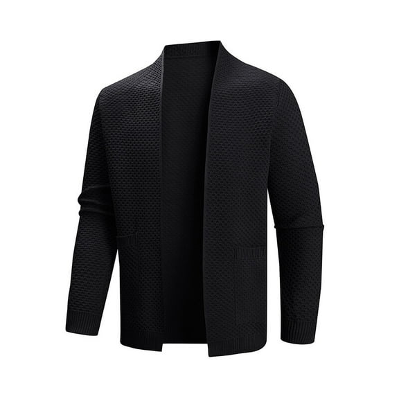 Men's Solid Crochet Cardigan Open-Front Long Sleeved Stand Up Collar Tops Knitted Sweater Cardigan Casual Warm Thermal Tops with Pockets