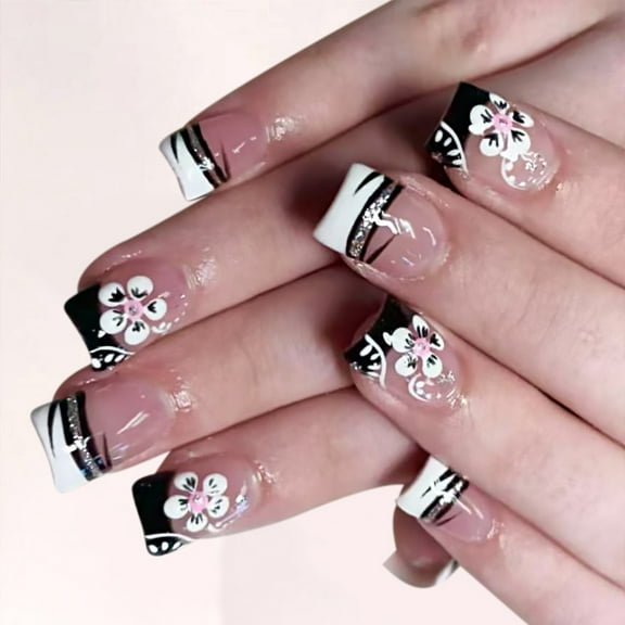 Square Press on Nails French Tips Fake Nails Full Covers False Nails with Flower Design Glitters Artificial Acrylic Nails