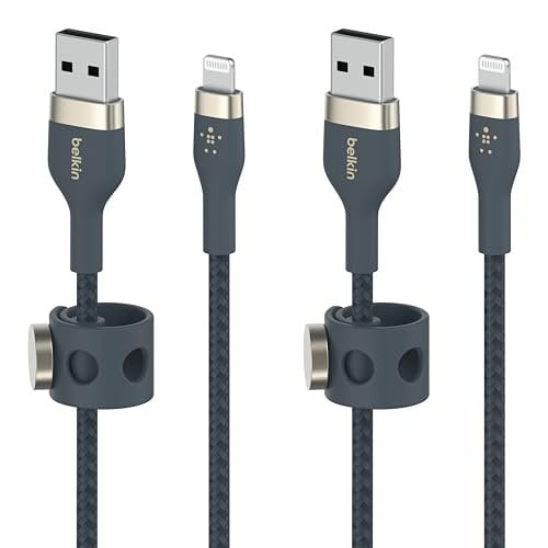 Belkin BoostCharge Pro Flex Braided USB Type A to Lightning Cable 2M/6.6FT, MFi Certified Charging Cable for iPhone 13, 12, 11, Pro, Max, Mini, SE, iPad and More, 2-Pack, Blue