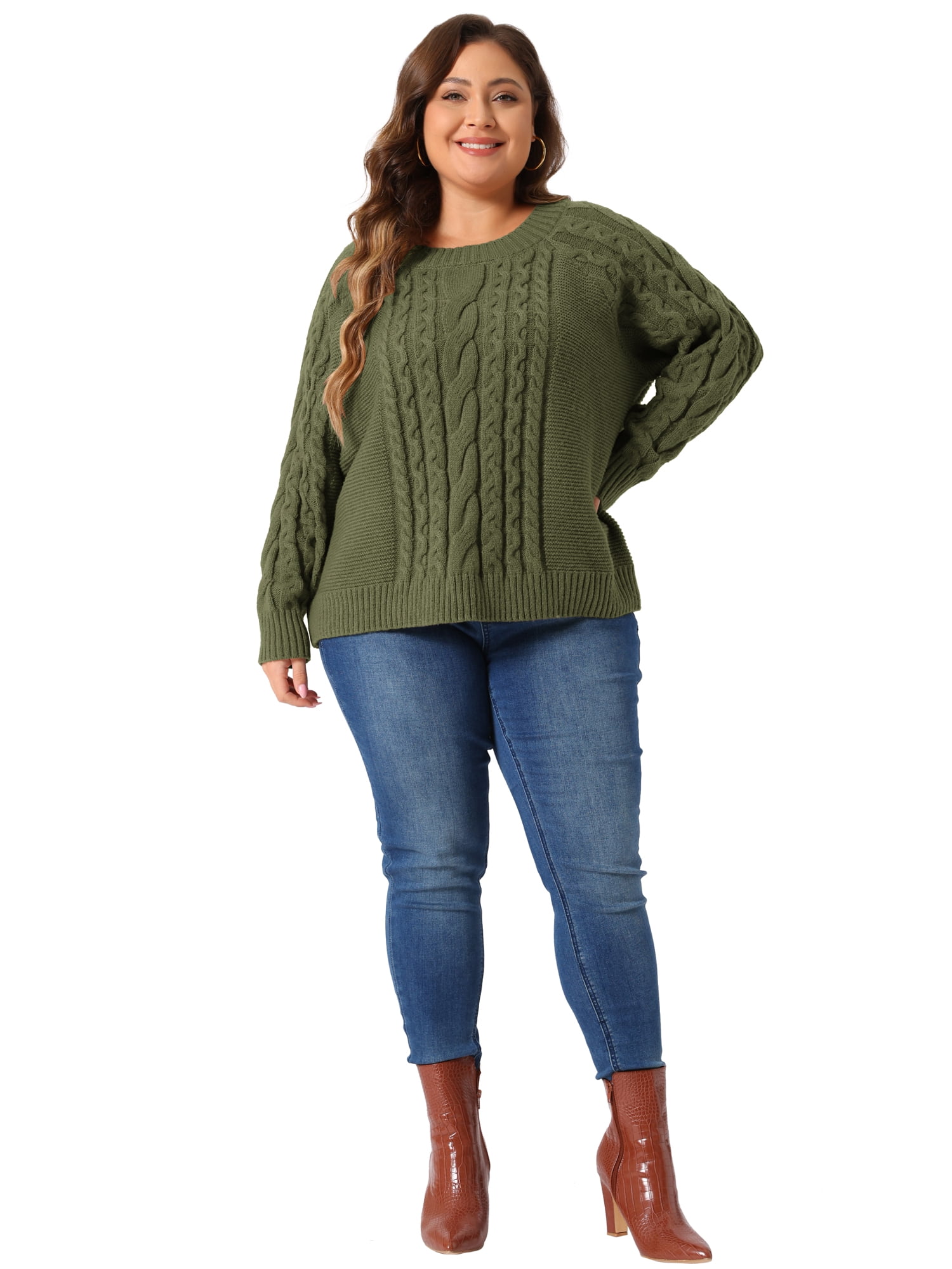 DARING DIVA Women's Plus Long Sleeve Crewneck Fisherman Cable Sweater 3X Army Green
