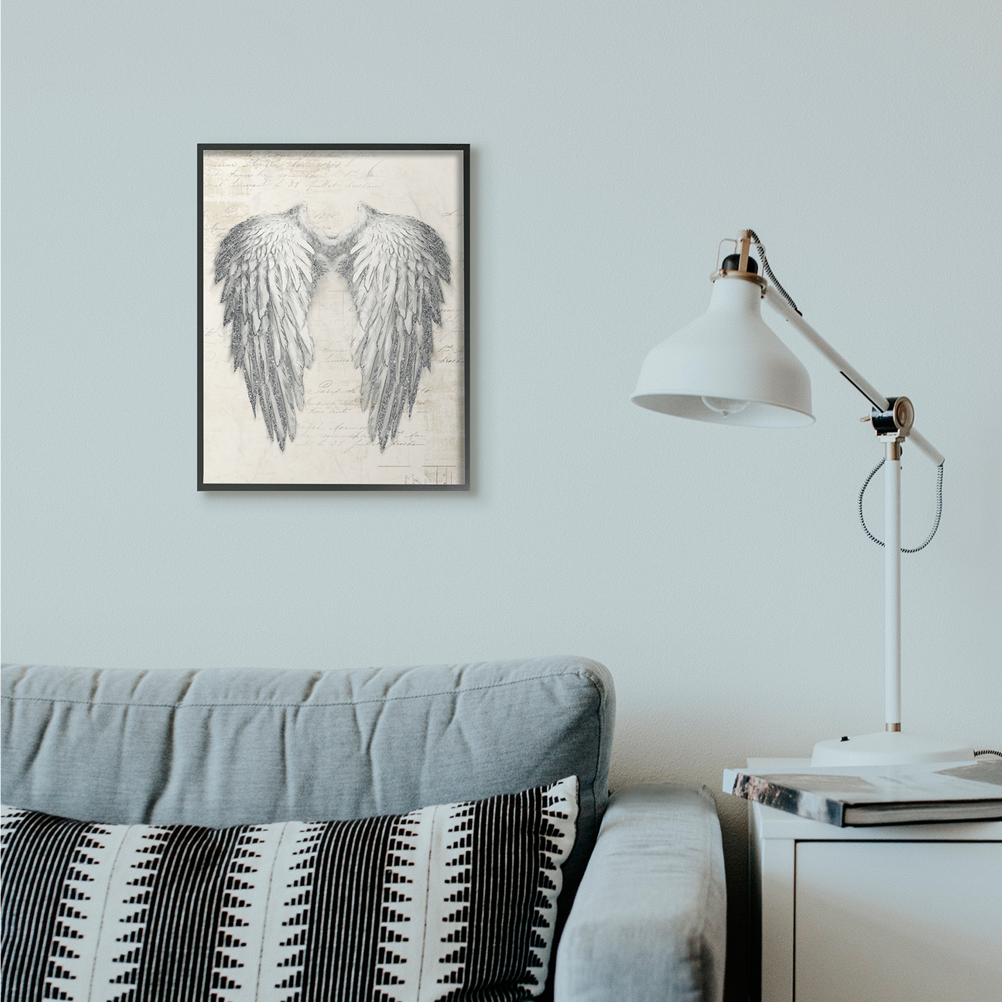 Stupell Industries Heavenly Wings Silver Parchment Design Graphic Art Black Framed Art Print Wall Art, 16x20, by Main Line Studio