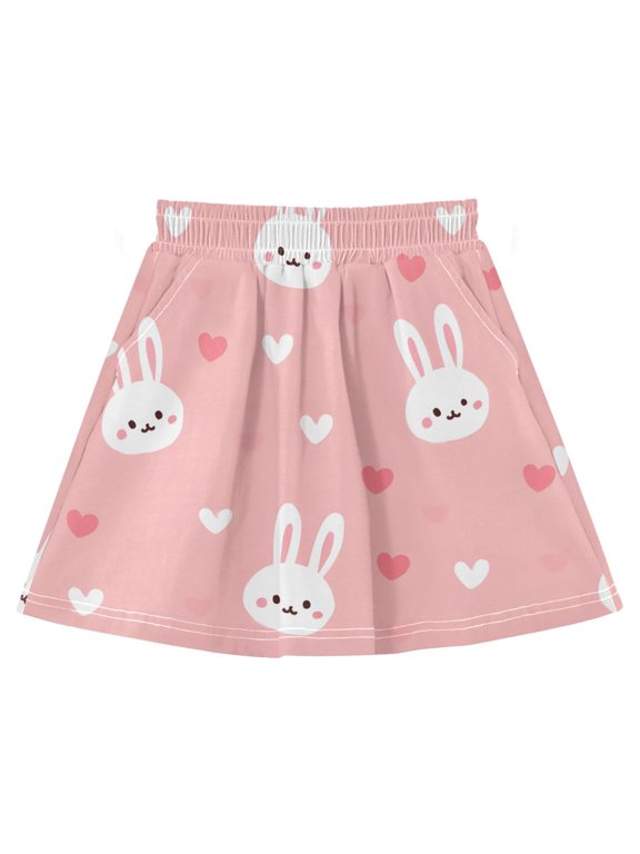 Rabbit Head Pattern Cotton Skirt Built-in Liner Elastic A-Line Flared Skirt with Pockets