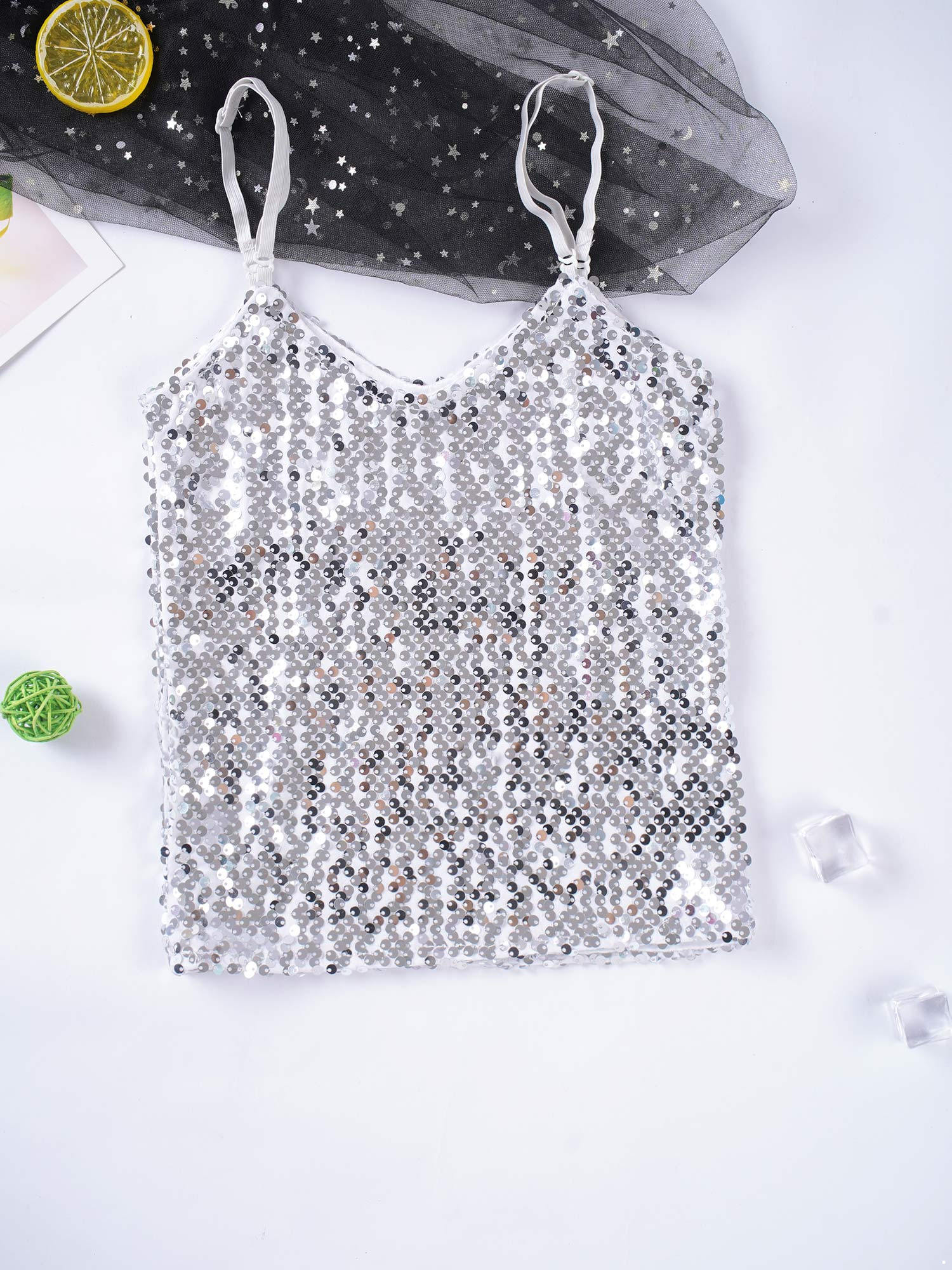renvena Kids Girls Sparkly Sequin Dance Crop Tops Tank