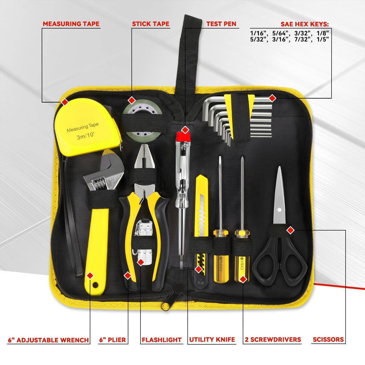18 Pcs Protable Home Office Repair Tool Kits Plier & Adjustable Wrench & Utility Knife & Hex Keys & Screw Driver Yellow