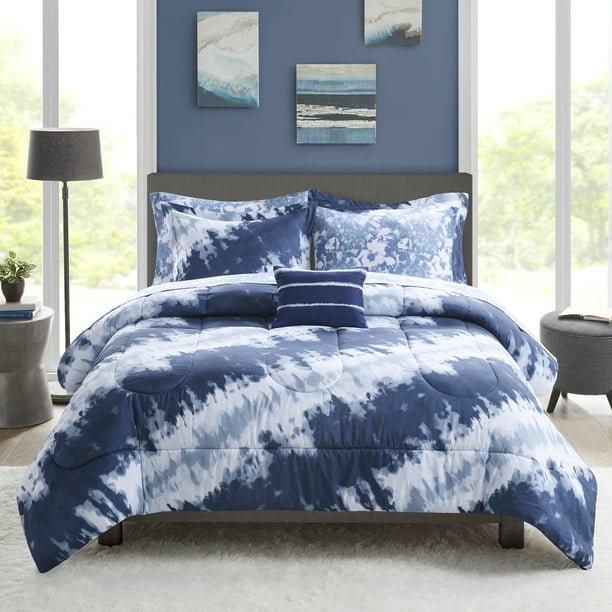 Mainstays Navy Tie Dye 8 Piece Bed in a Bag Comforter Set With Sheets