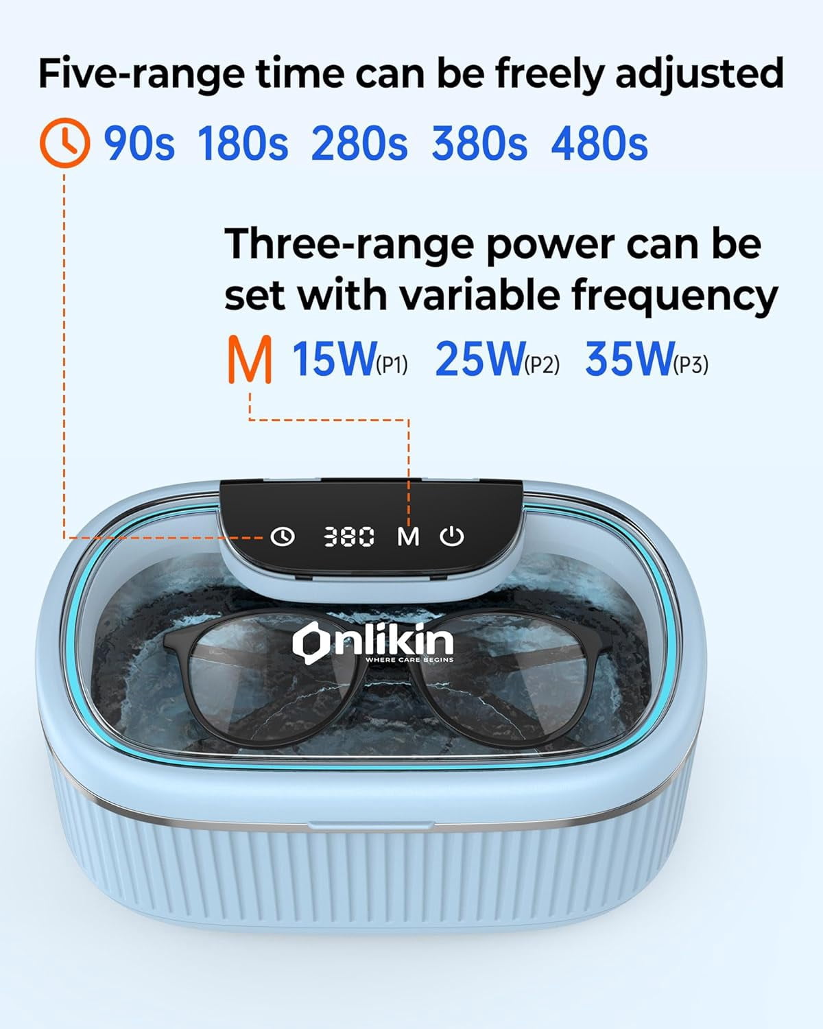 Ultrasonic Jewelry Cleaner 35W 45KHz – for Retainers, Eyeglasses & Dentures, 20oz 304SS Tank, 5 Timer Modes (Blue)
