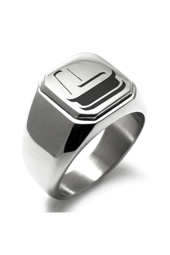 Stainless Steel Letter L Initial 3D Monogram Engraved Engraved Square Flat Top Biker Style Polished Signet Ring