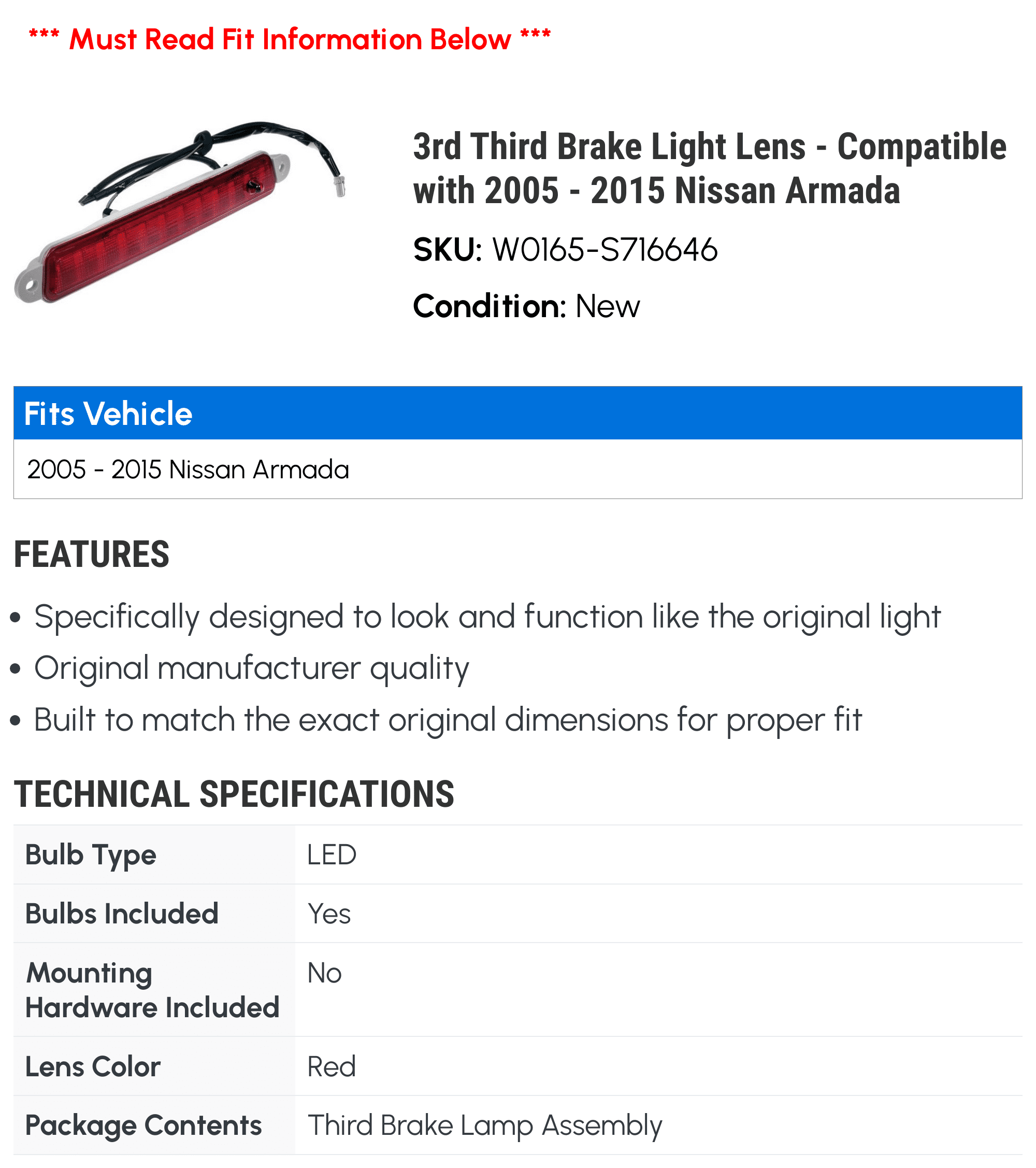 3rd Third Brake Light Lens Compatible with 2005 2015 Nissan