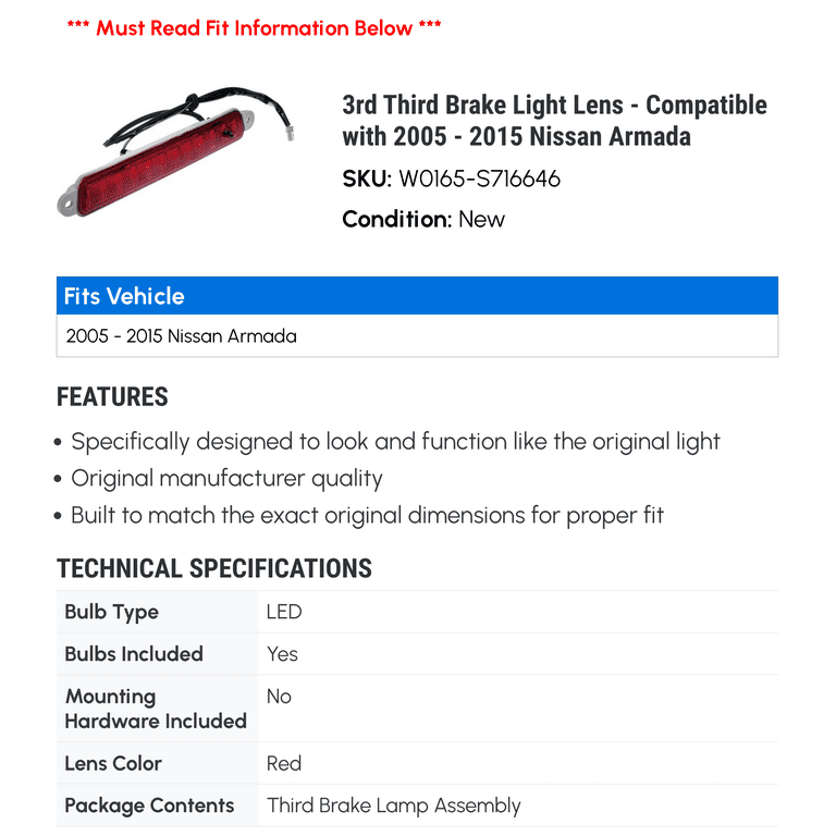 3rd Third Brake Light Lens Compatible with 2005 2015 Nissan