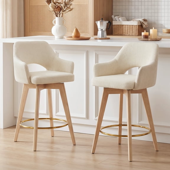 Zesthouse 26.8″ Swivel Counter Height Bar Stools Set of 2, Upholstered Linen Bar Stools with Back and Wood Legs, Mid Century Modern Barstool Island Chairs for Kitchen Counter, Beige