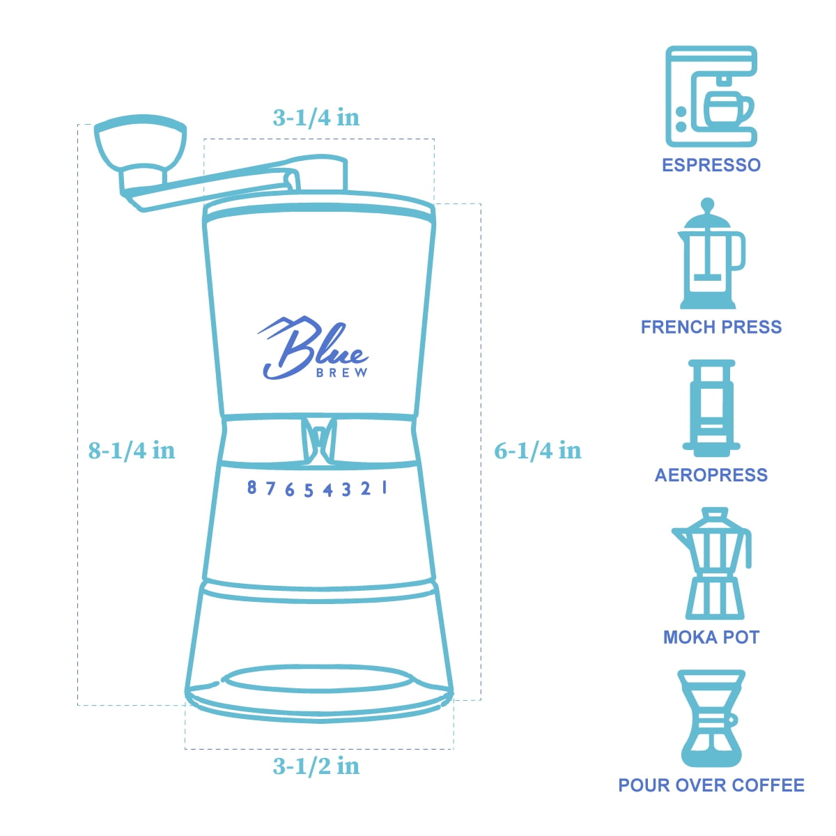 BLUE BREW Coffee Grinder with Conical Ceramic Burrs, Manual, with 2 Airtight Glass Jars, Adjustable Grinding Size Stainless Steel Hand Coffee Mill/Espresso Bean Grinder, BB1007