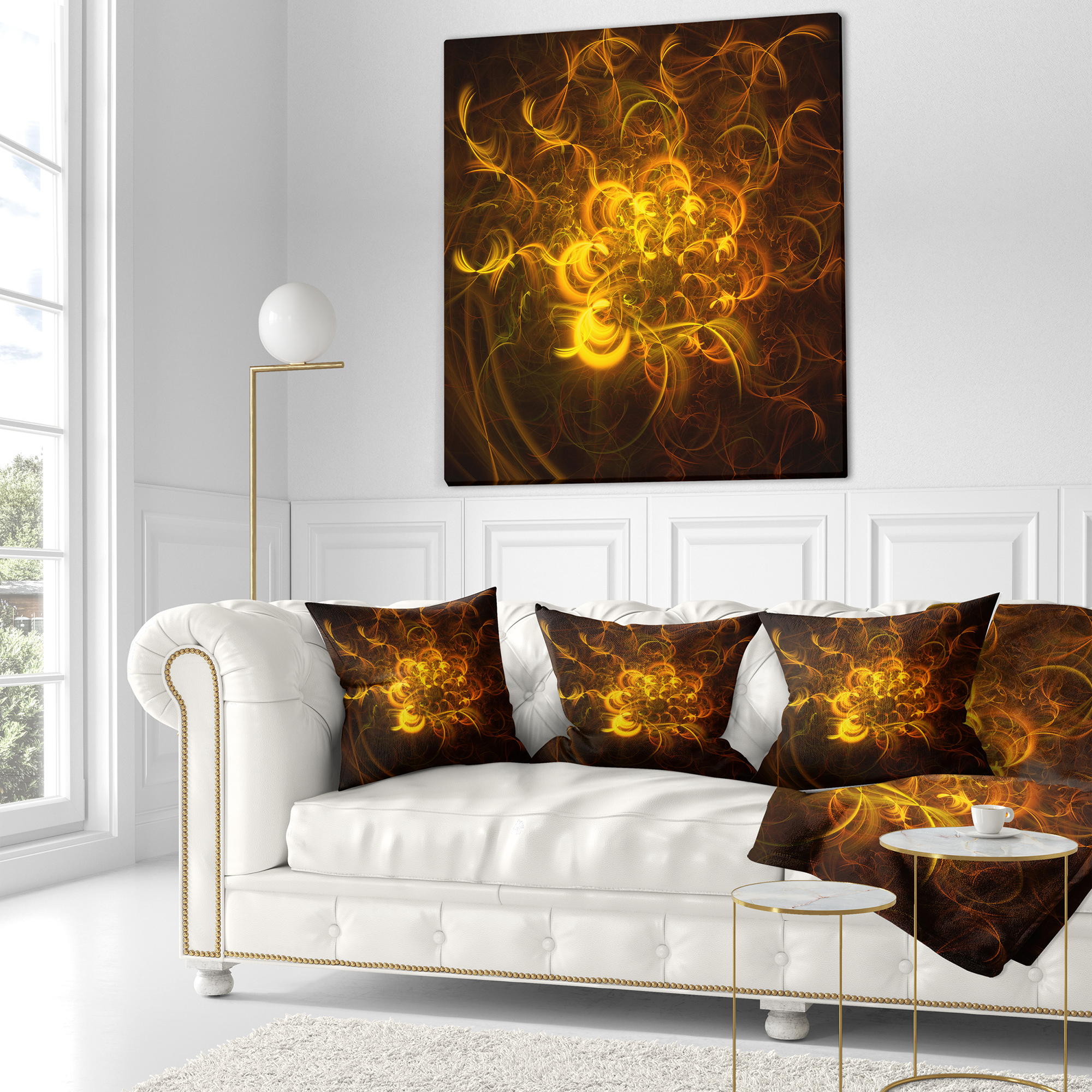 Designart Golden Fractal Flower in Dark - Floral Throw Pillow - 18x18